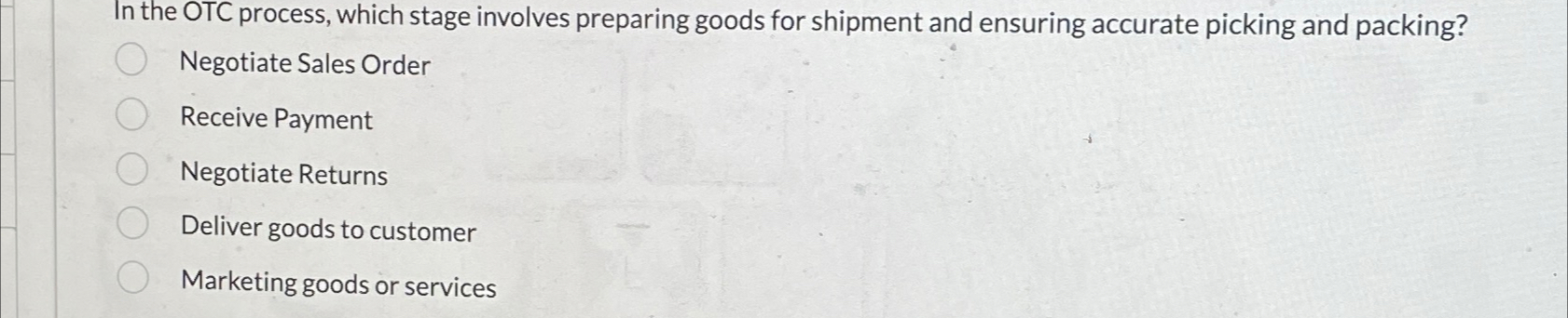  In the OTC process, which stage involves preparing goods for shipment