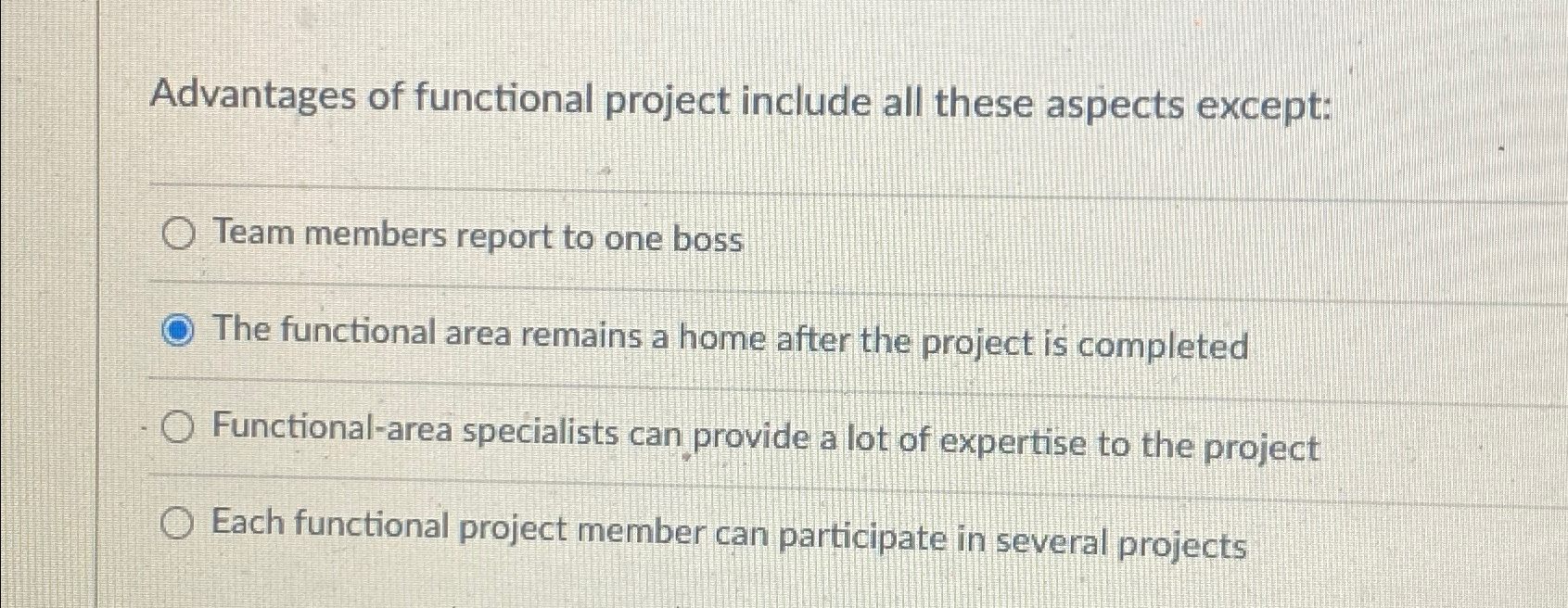  Advantages of functional project include all these aspects except: Team members