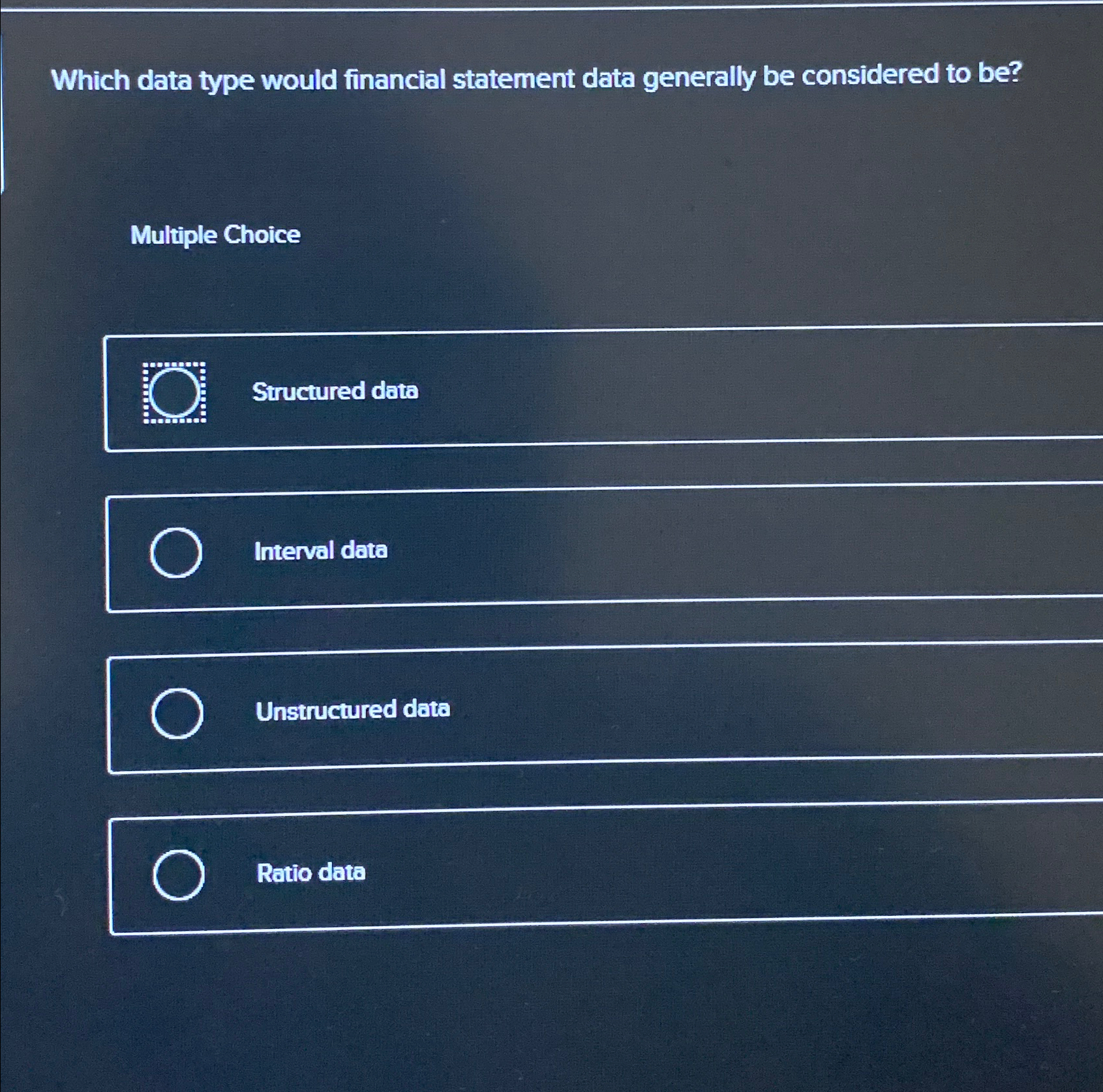  Which data type would financial statement data generally be considered to