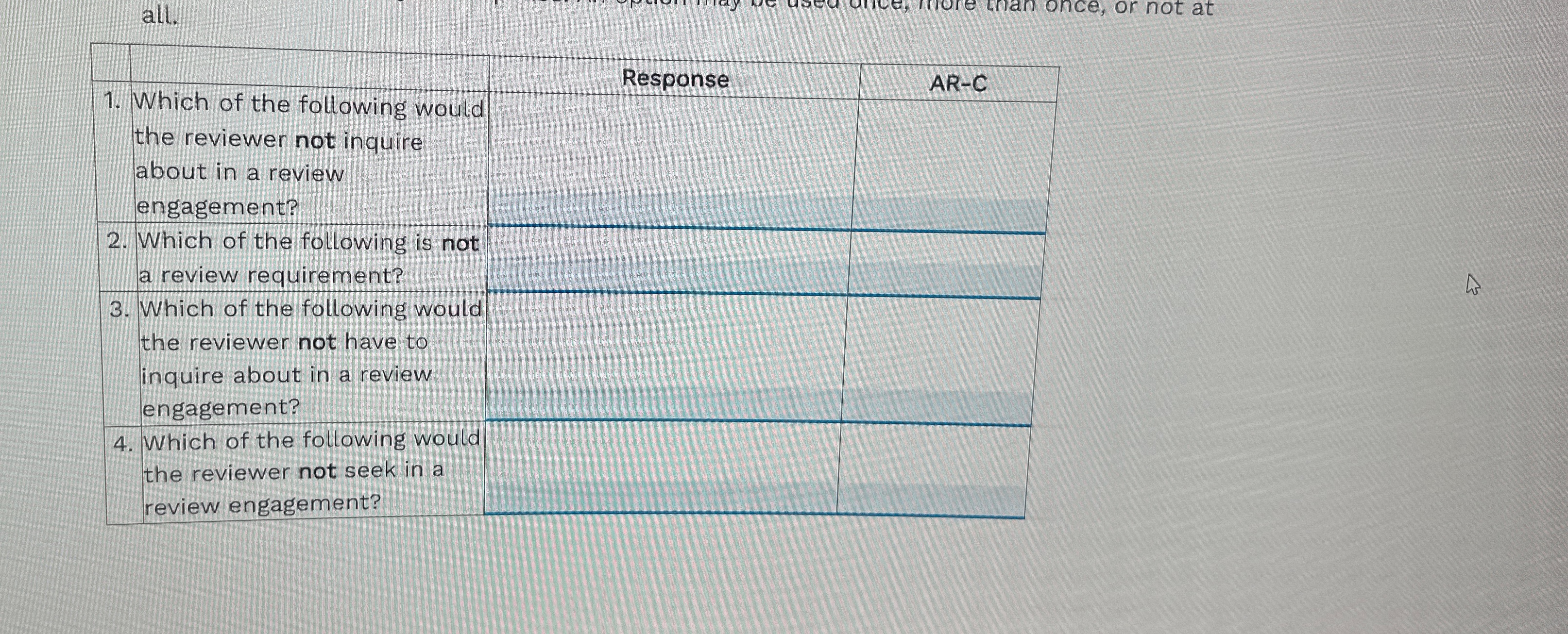  all. \table[[1. Which of the following would],[the reviewer not inquire],[about in