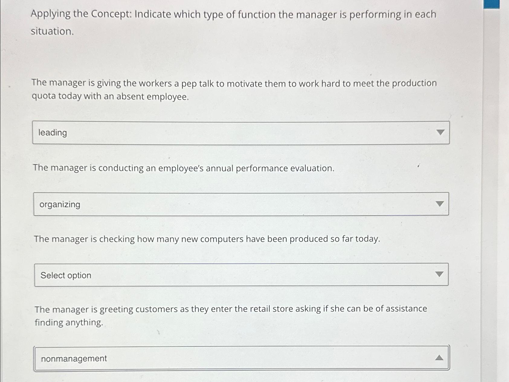  Applying the Concept: Indicate which type of function the manager is