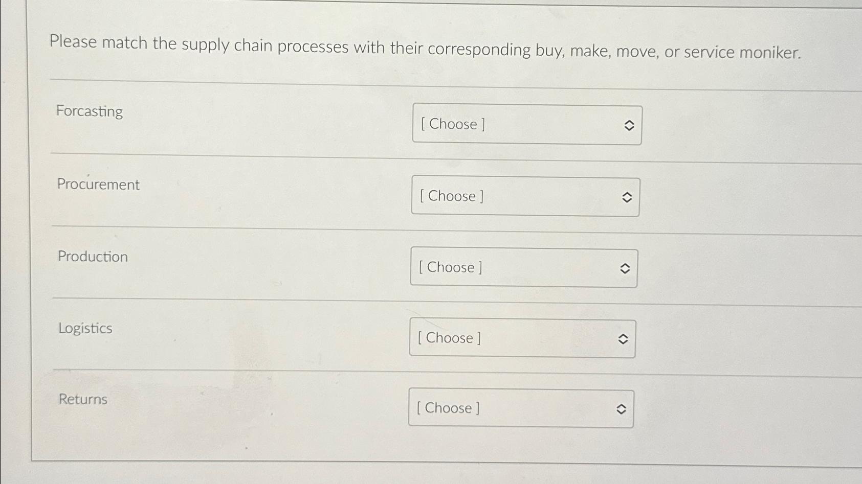  Please match the supply chain processes with their corresponding buy, make,