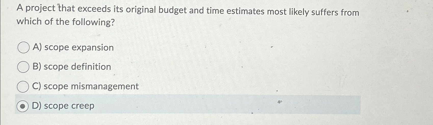  A project that exceeds its original budget and time estimates most