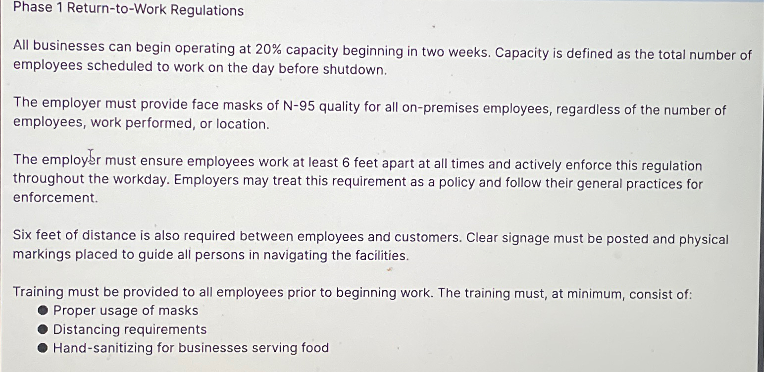  Phase 1 Return-to-Work Regulations All businesses can begin operating at 20%