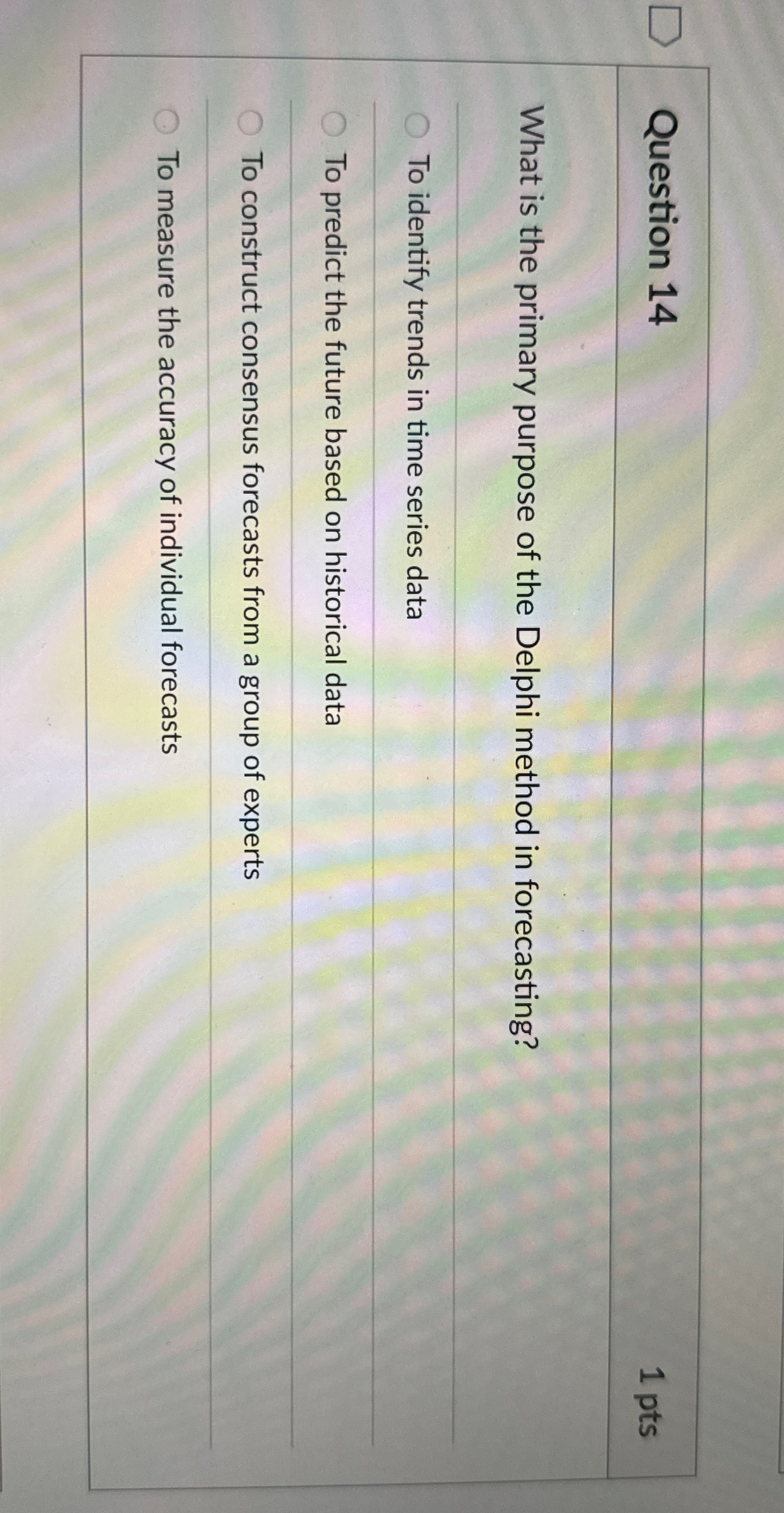  Question 14 1 pts What is the primary purpose of the