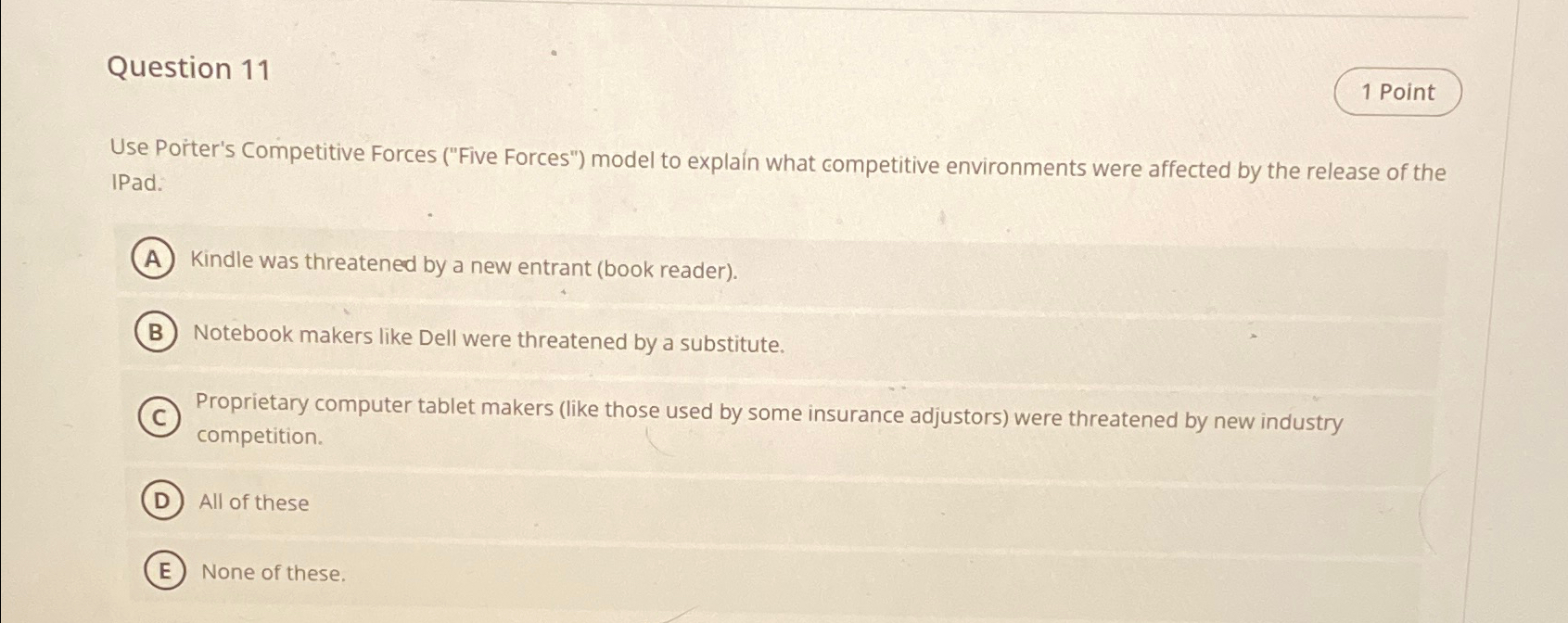  Question 11 Use Porter's Competitive Forces ("Five Forces") model to explain