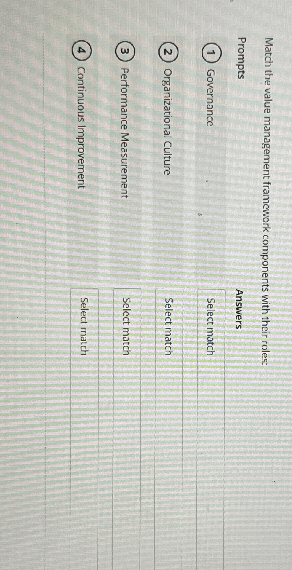  Match the value management framework components with their roles: Prompts Governance