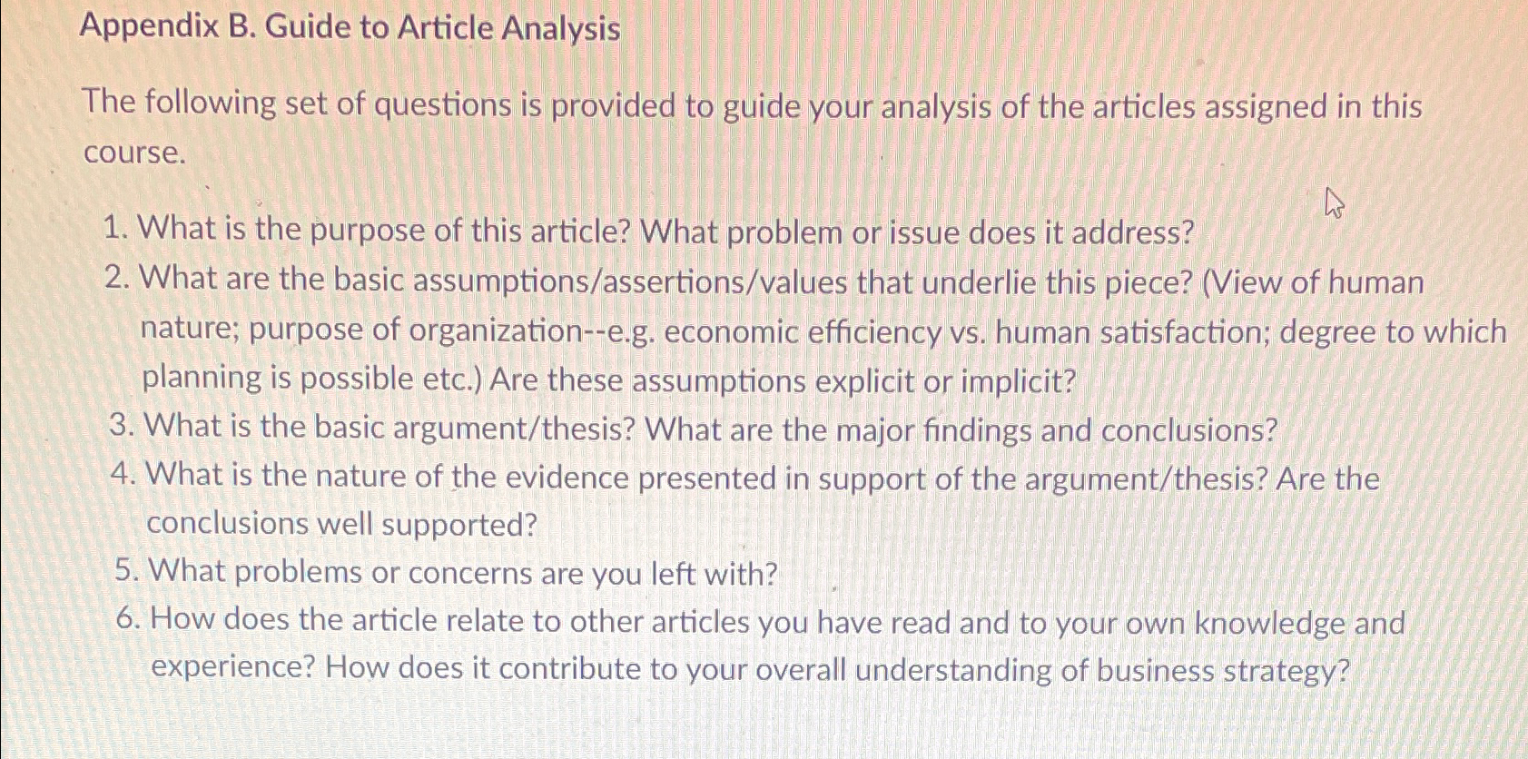  Appendix B. Guide to Article Analysis The following set of questions