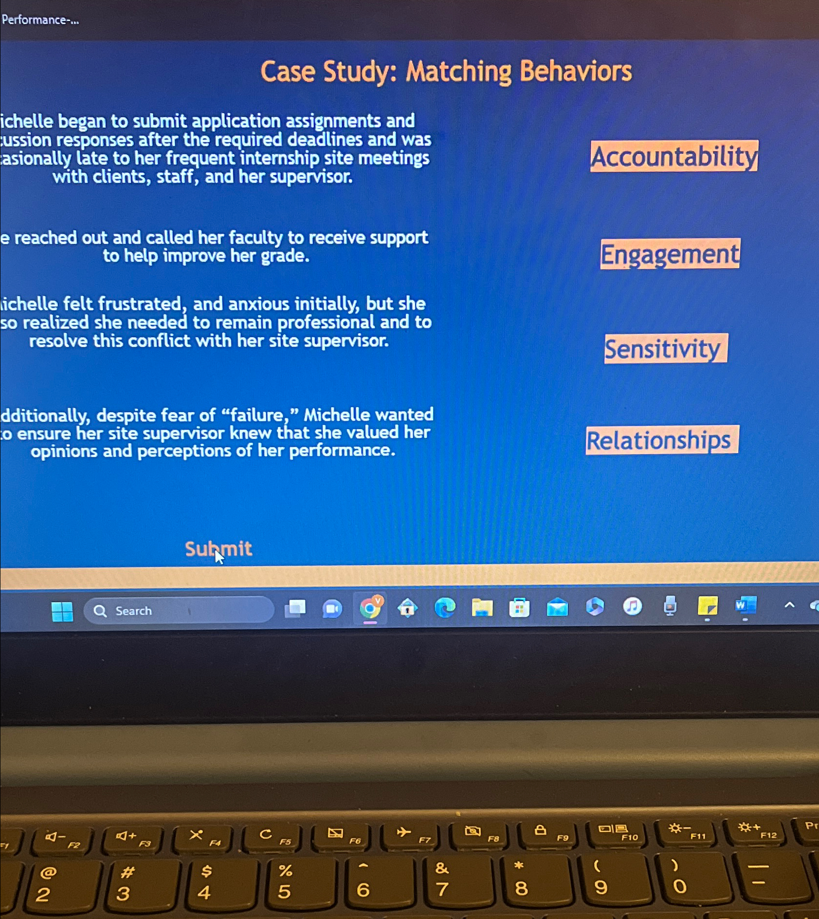  Performance-... Case Study: Matching Behaviors ichelle began to submit application assignments