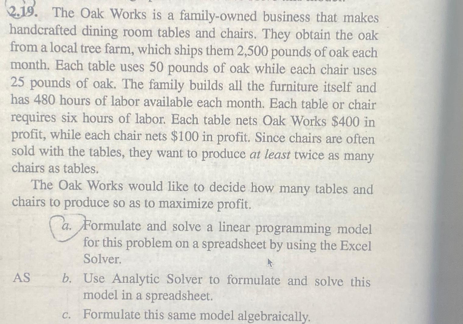  2.19. The Oak Works is a family-owned business that makes handcrafted