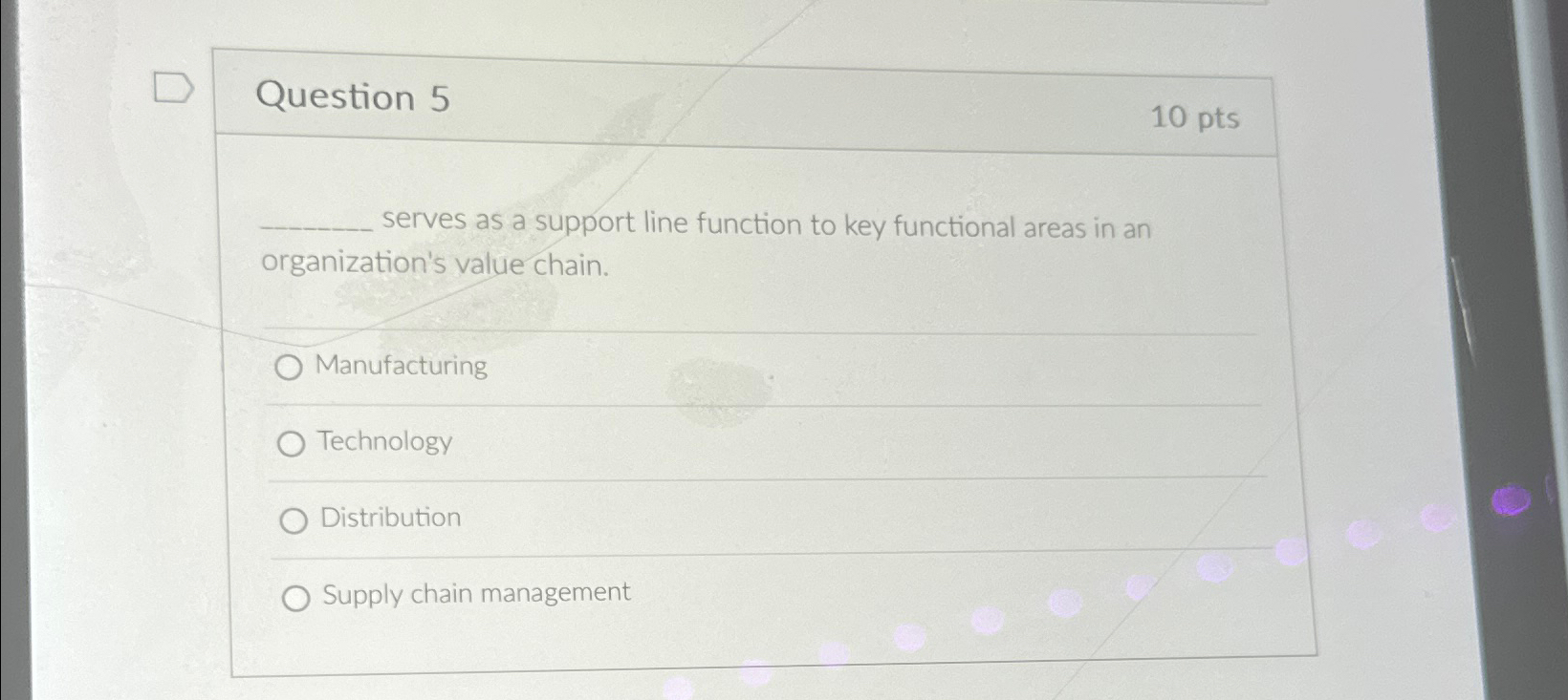  Question 5 10 pts serves as a support line function to