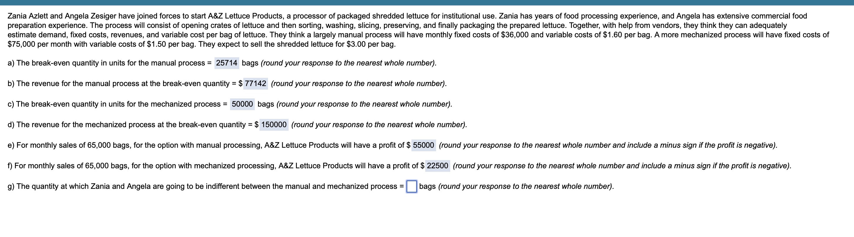  $75,000 per month with variable costs of $1.50 per bag. They