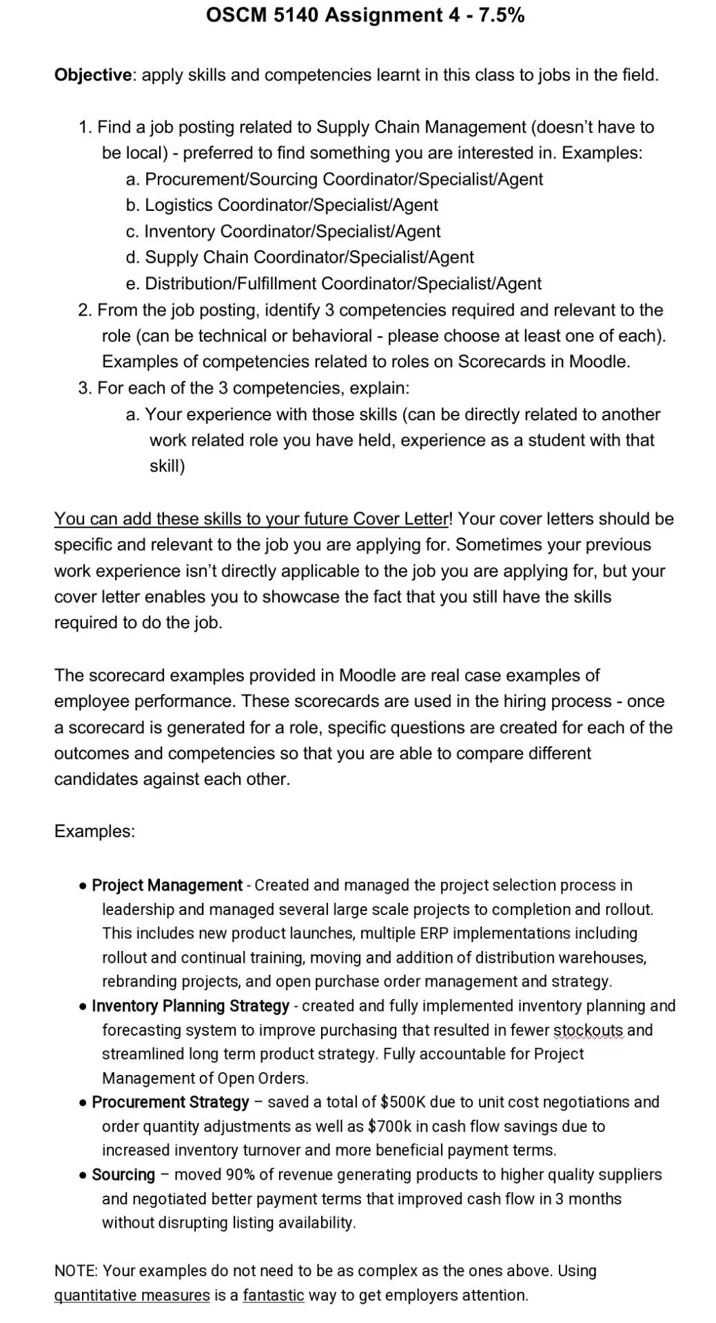 OSCM 5140 Assignment 4 - 7.5\% Objective: apply skills and competencies