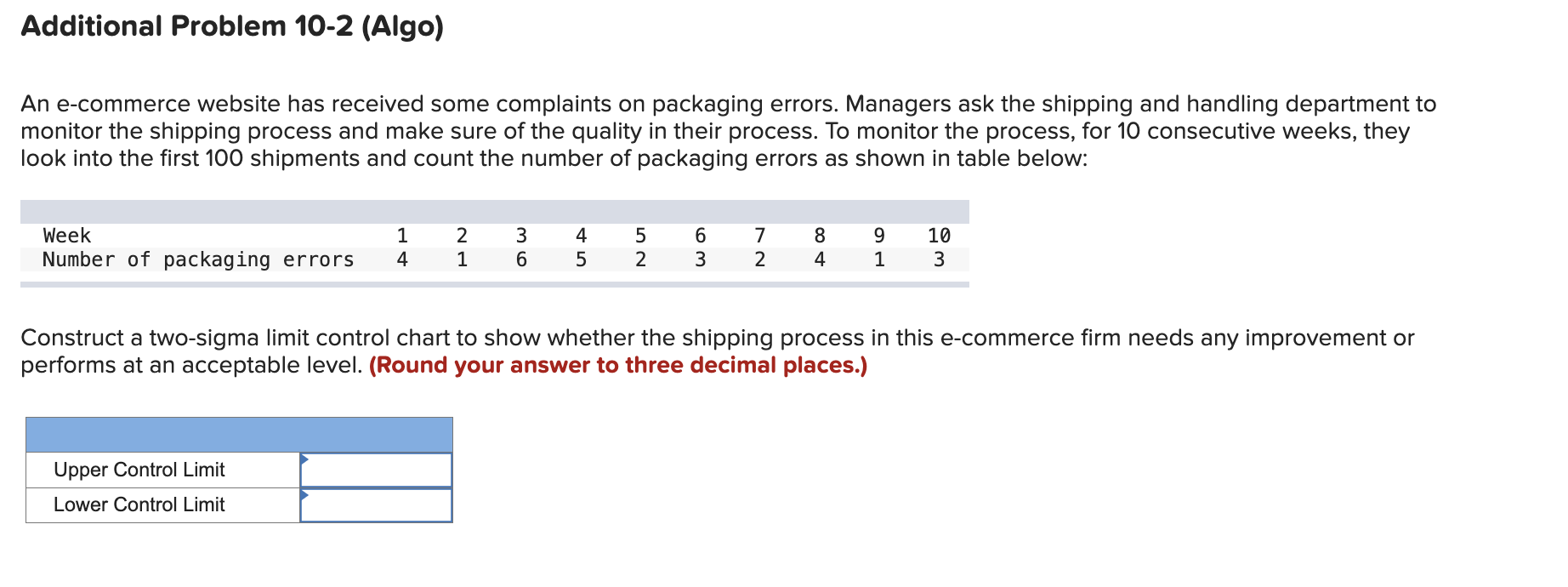  Additional Problem 10-2(Algo) An e-commerce website has received some complaints on