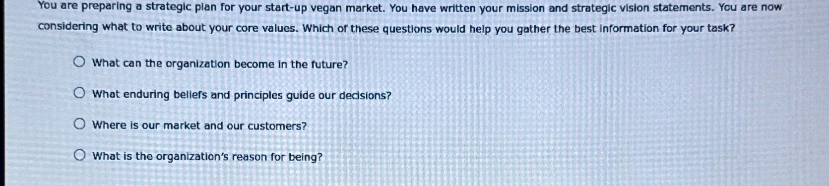  You are preparing a strategic plan for your start-up vegan market.