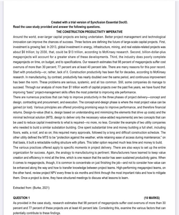  QUESTION 1 (10 MARKS) As provided in the case study, research