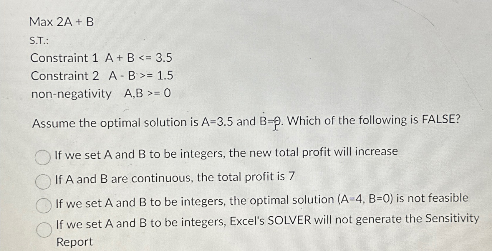  Max2A+B S.T.: Constraint 1A+B3.5 Constraint 2 A -B1.5 non-negativity A,B0 Assume