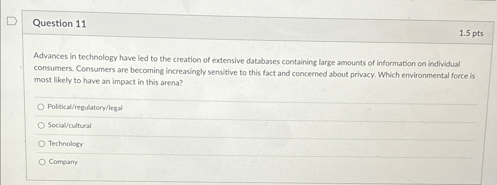  Question 11 1.5pts Advances in technology have led to the creation