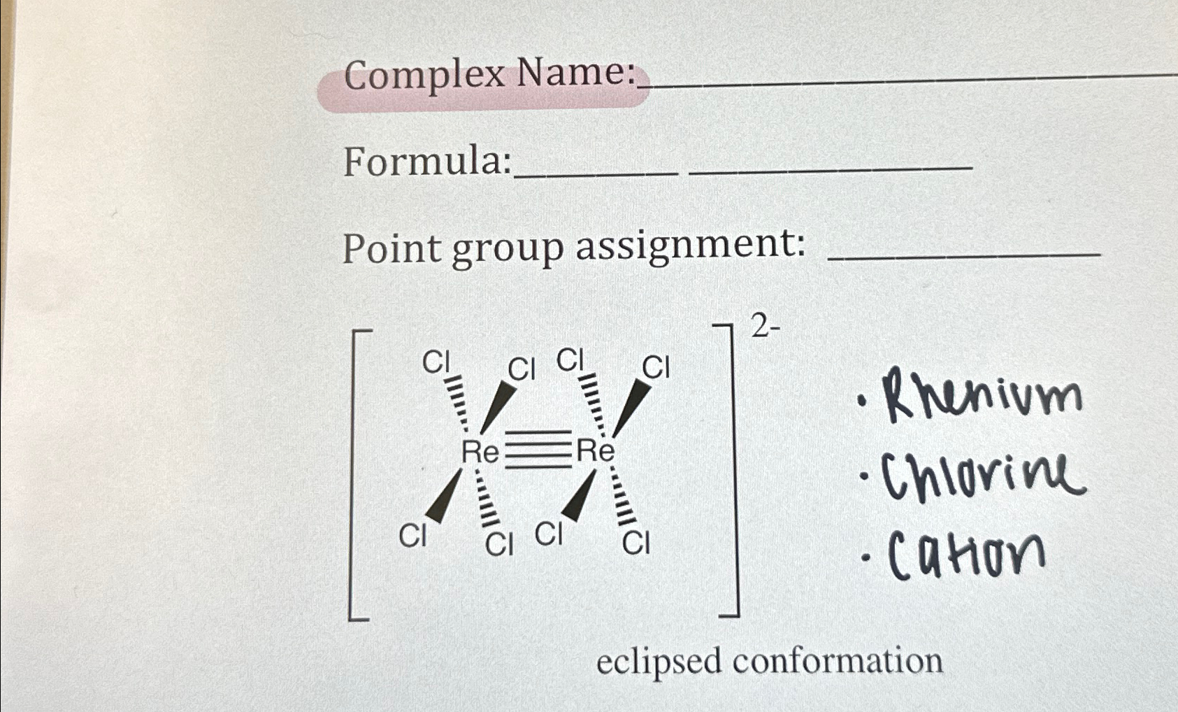  Complex Name: Formula: Point group assignment: 