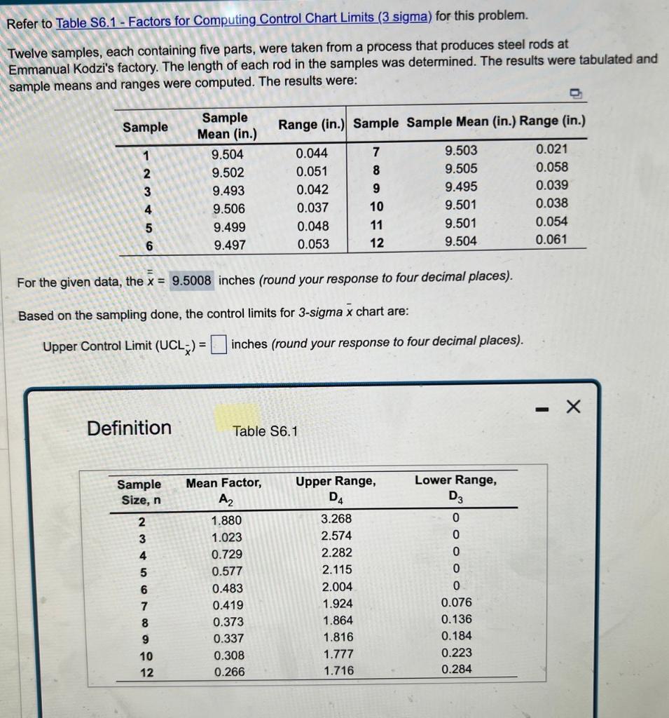 Please help with Upper Control limit Refer to Table S6.1 - Factors