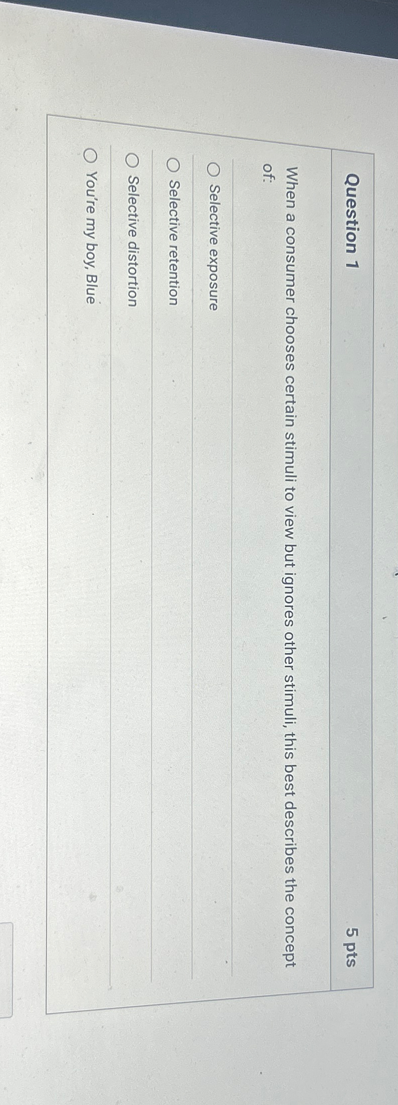  Question 1 5 pts When a consumer chooses certain stimuli to