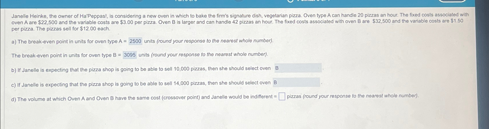  per pizza. The pizzas sell for $12.00 each. a) The break-even
