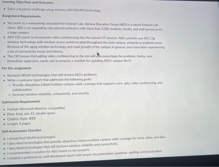  - Solve a business challenge using wireless LAN (WLAN) technology. Assignment