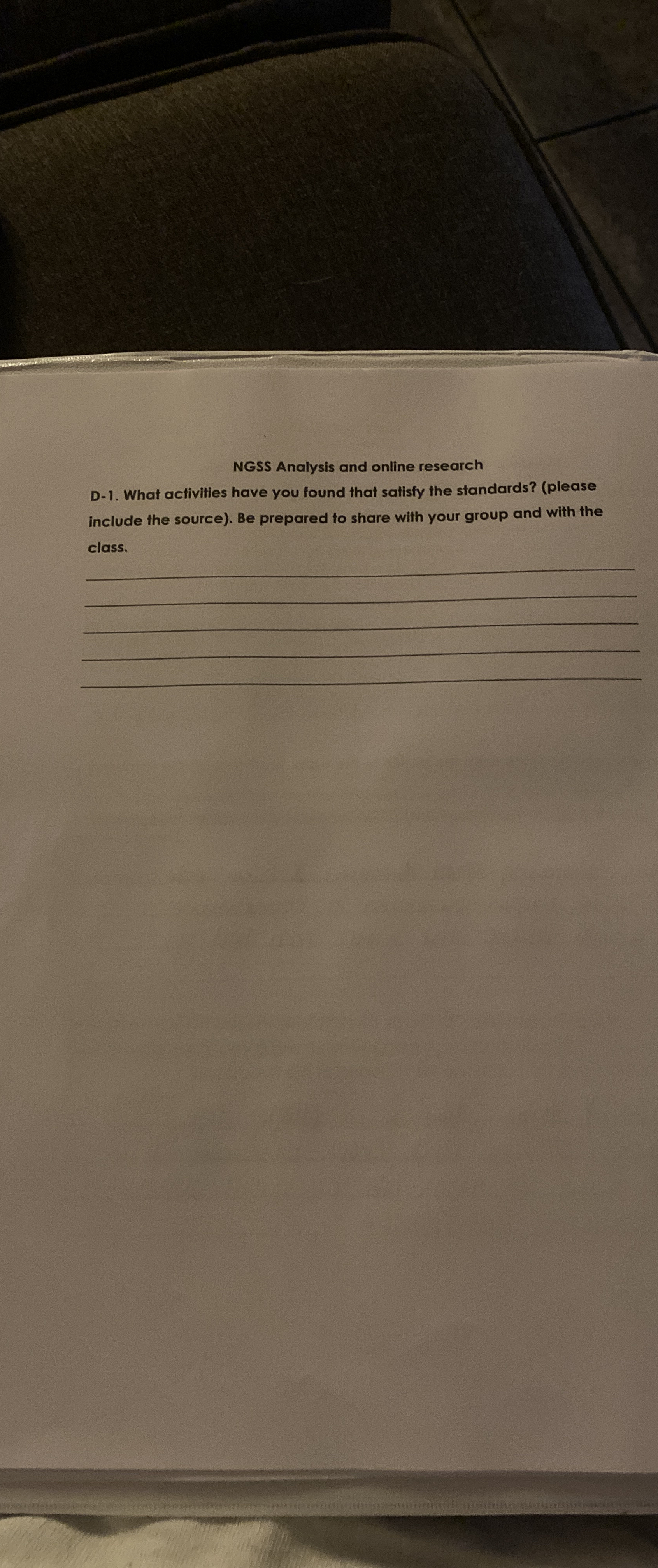  NGSS Analysis and online research D-1. What activities have you found