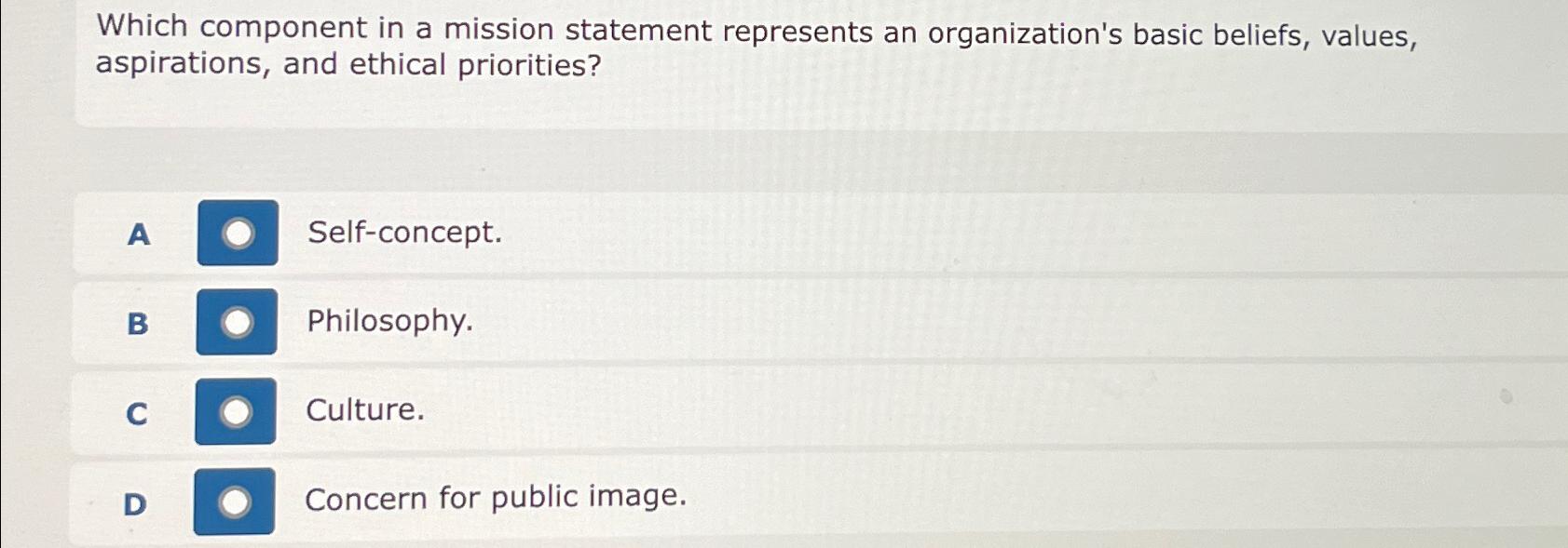  Which component in a mission statement represents an organization's basic beliefs,