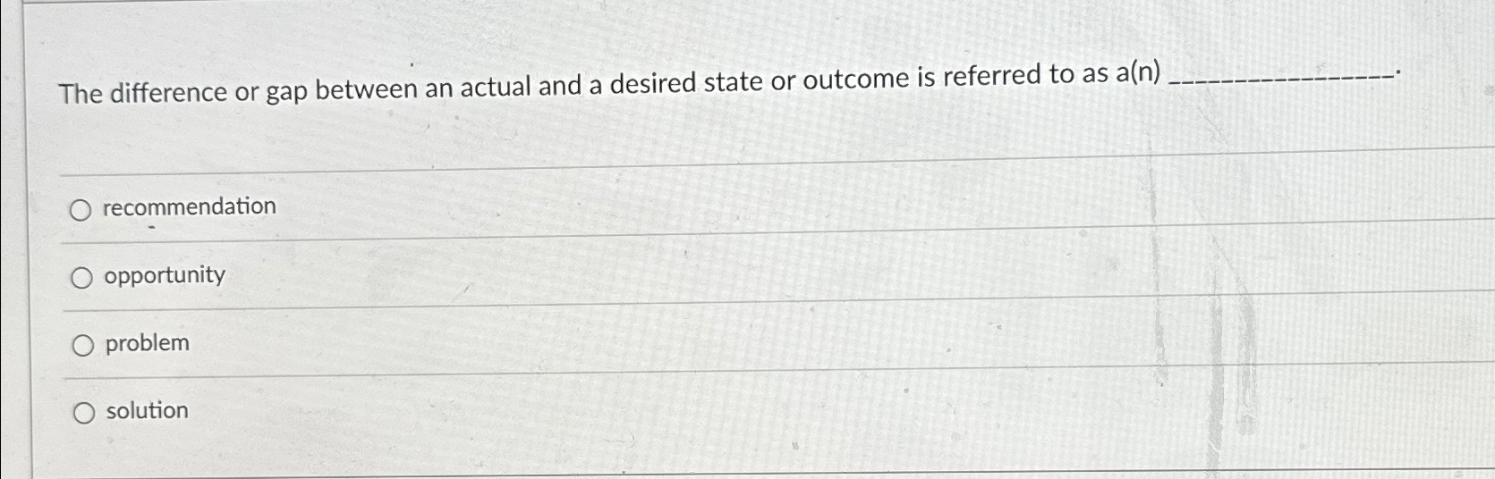  The difference or gap between an actual and a desired state