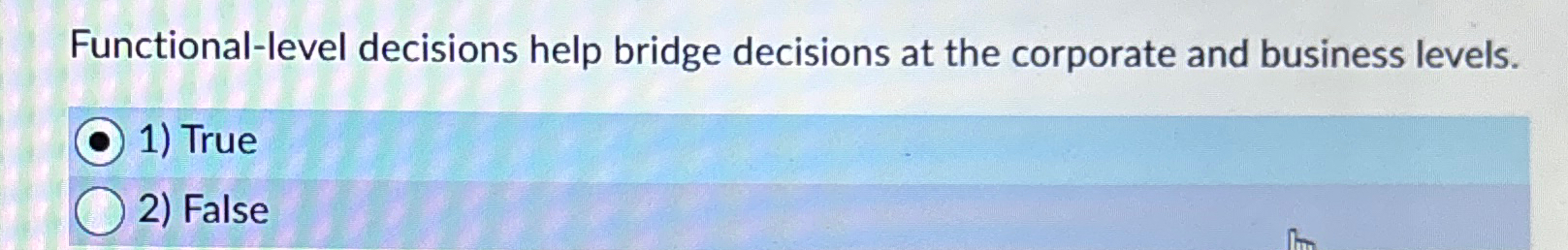  Functional-level decisions help bridge decisions at the corporate and business levels.