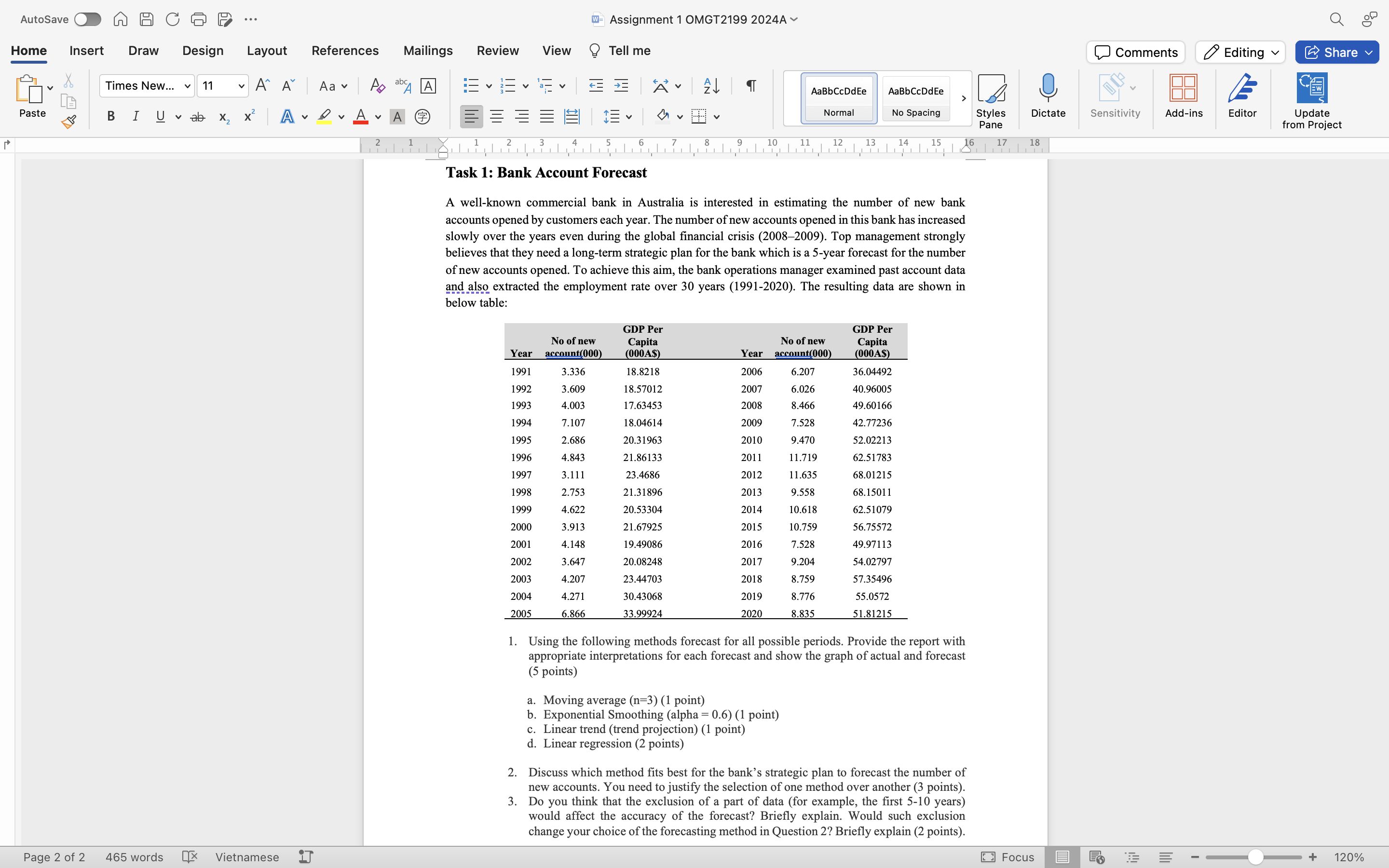  1. Using the following methods forecast for all possible periods. Provide