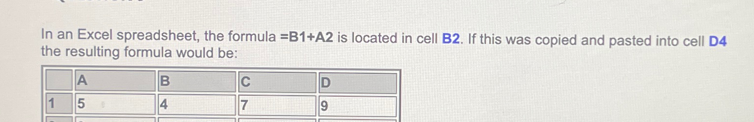  In an Excel spreadsheet, the formula =B1+A2 is located in cell