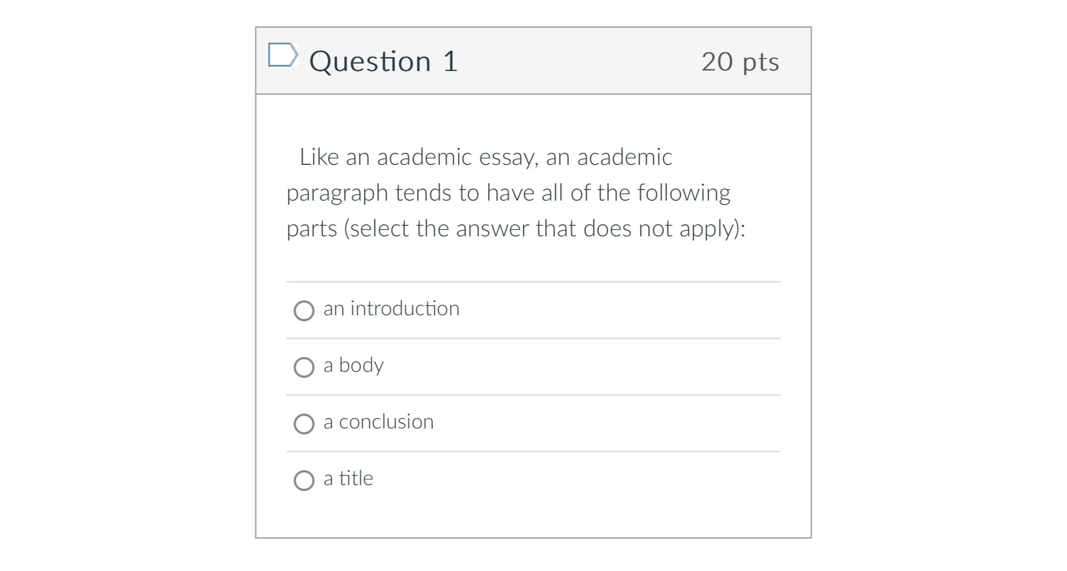  Question 1 20pts Like an academic essay, an academic paragraph tends