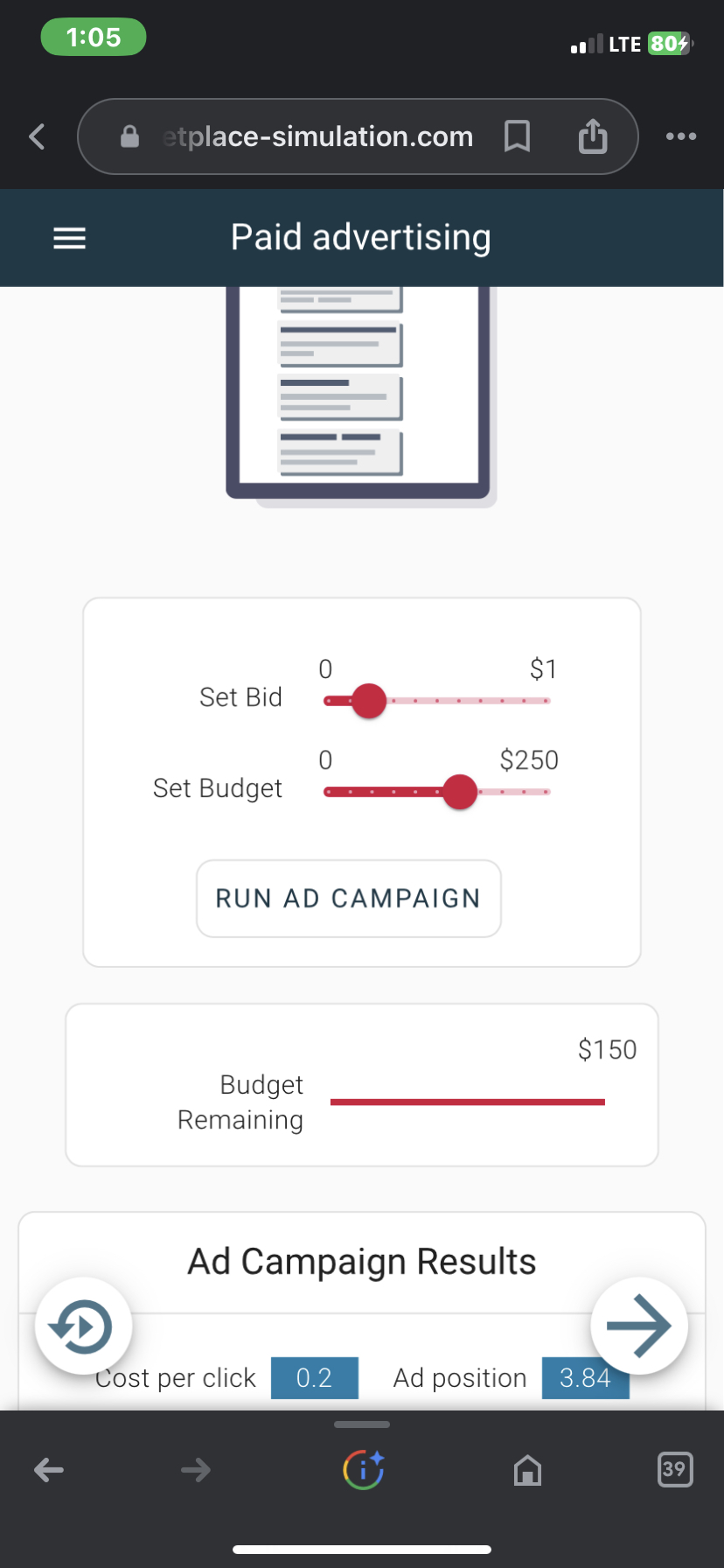  1:05 LTE 804 etplace-simulation.com Paid advertising Set Bid $1 Set Budget