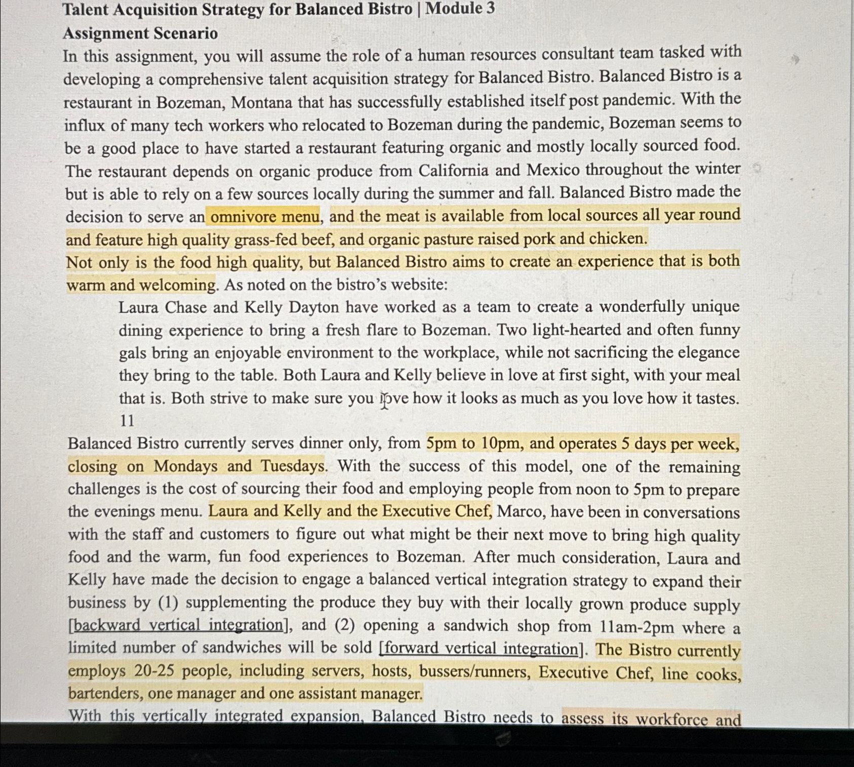  Talent Acquisition Strategy for Balanced Bistro | Module 3 Assignment Scenario