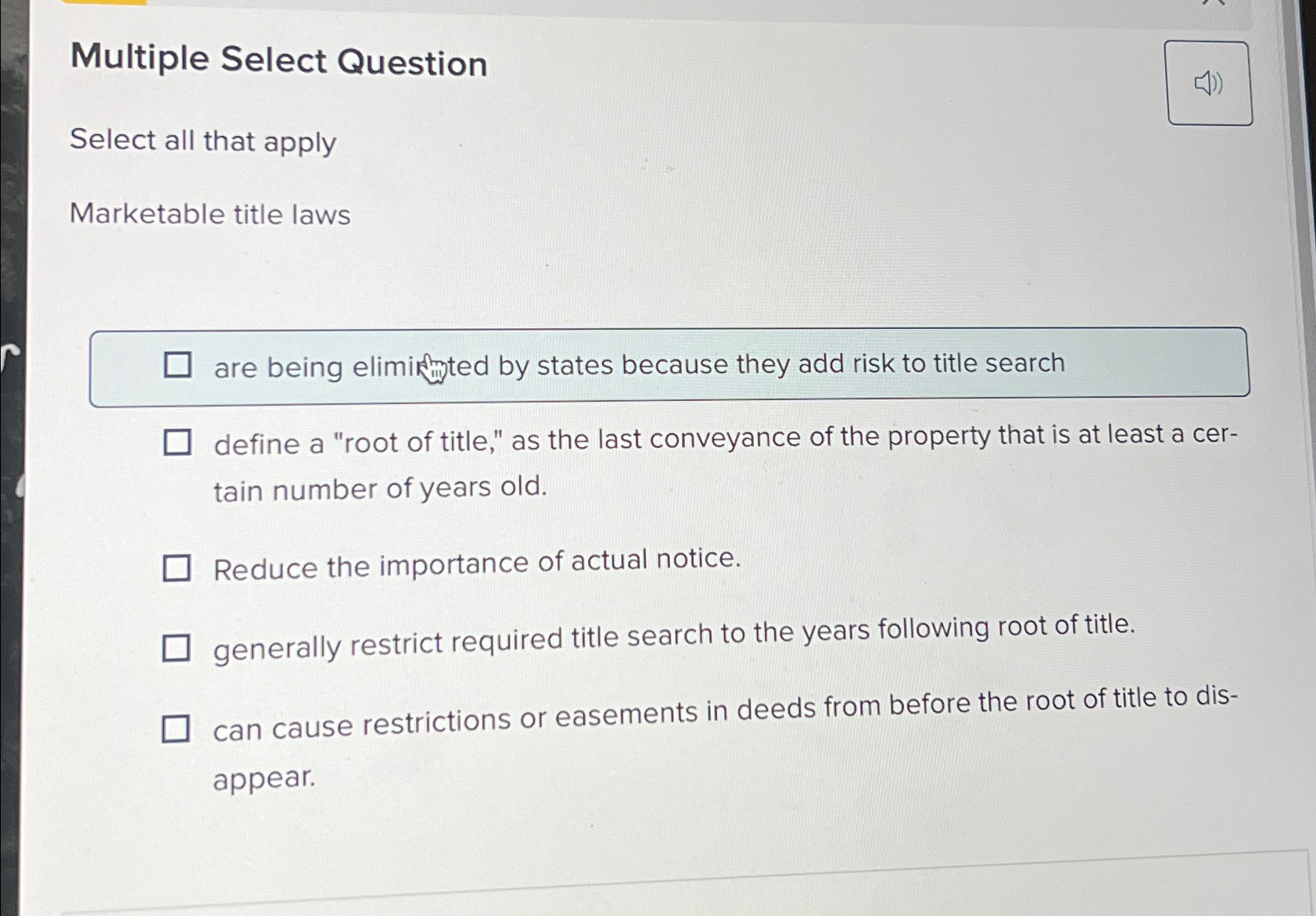  Multiple Select Question Select all that apply Marketable title laws are