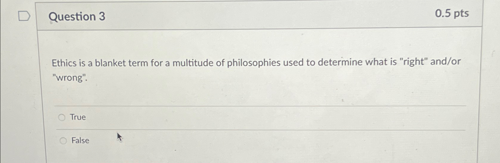  Question 3 0.5pts Ethics is a blanket term for a multitude