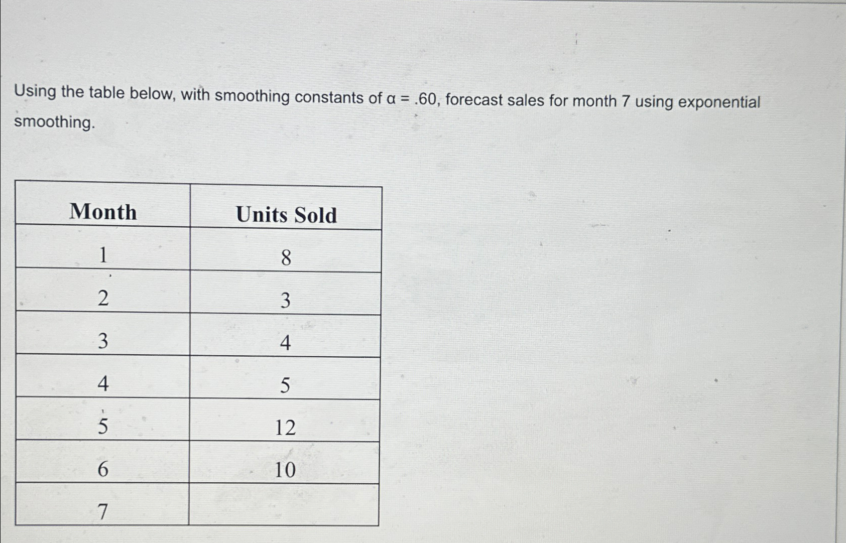 Using the table below, with smoothing constants of =.60, forecast sales