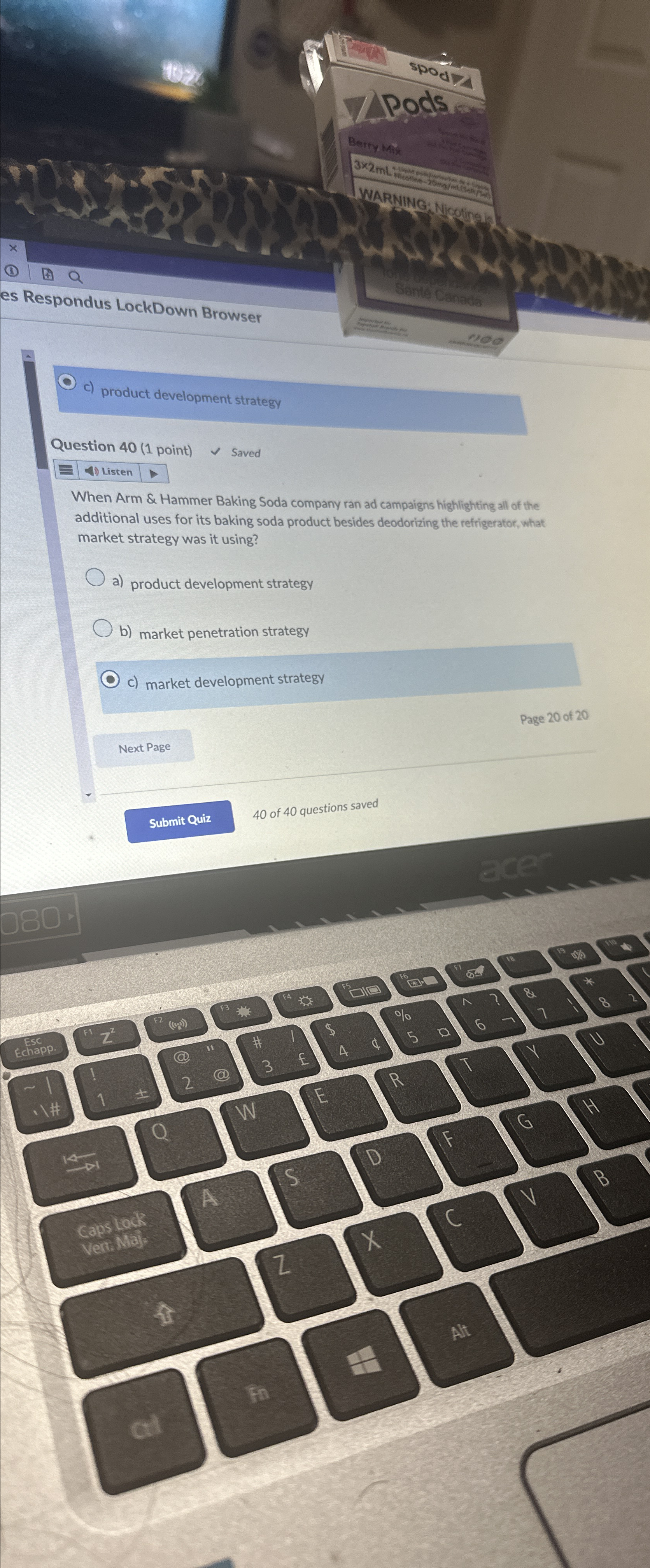  c) product development strategy Question 40(1 point) Saved Listen When Arm