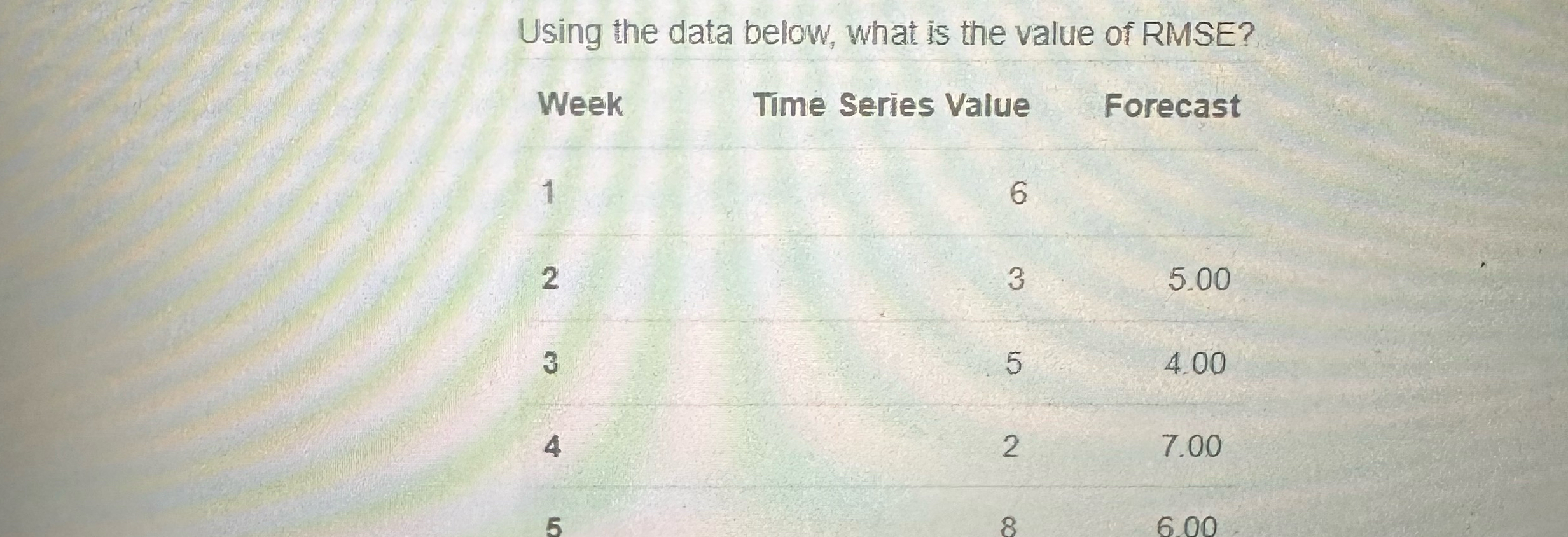  Using the data below, what is the value of RMSE? \table[[Week