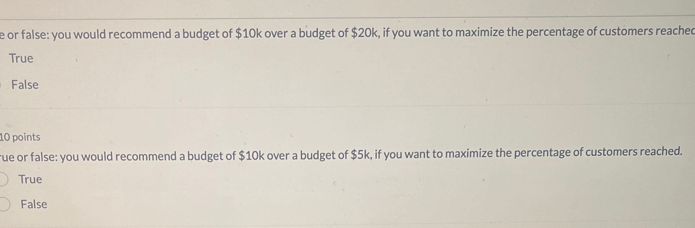  True False 10 points ue or false: you would recommend a