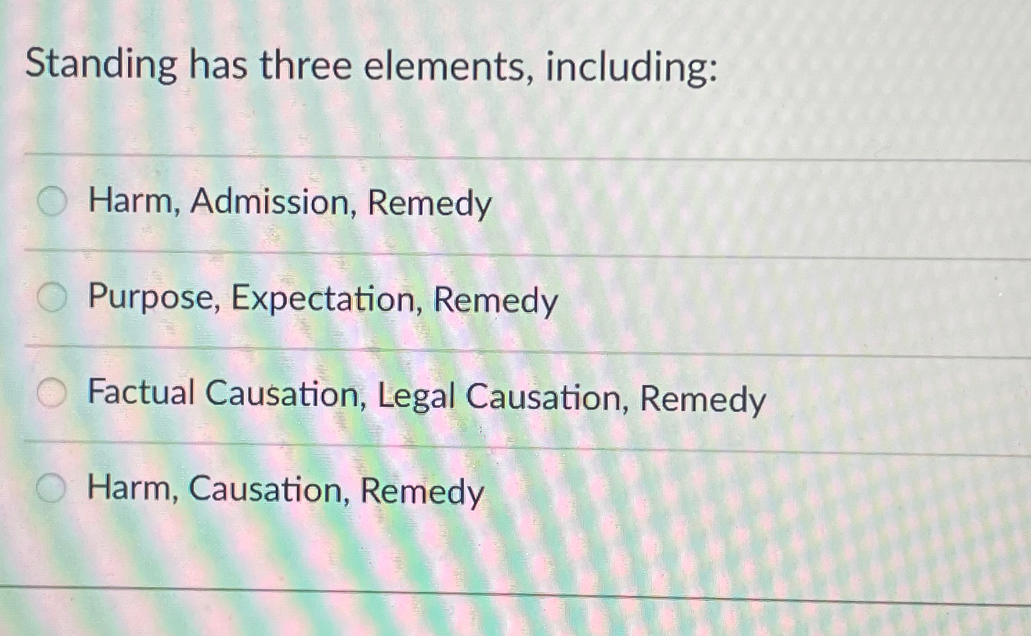  Standing has three elements, including: Harm, Admission, Remedy Purpose, Expectation, Remedy