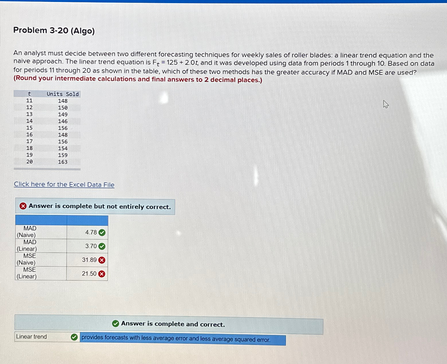  Problem 3-20(Algo) An analyst must decide between two different forecasting techniques