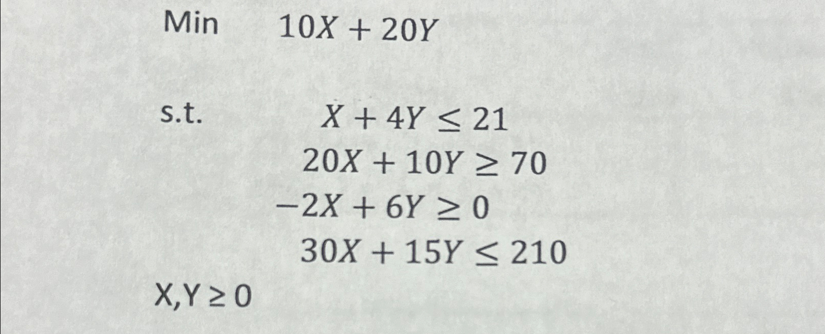  Min 10x+20Y s.t.x+4Y21 ,20x+10Y70 ,-2x+6Y0 ,30x+15Y210 x,Y0, 