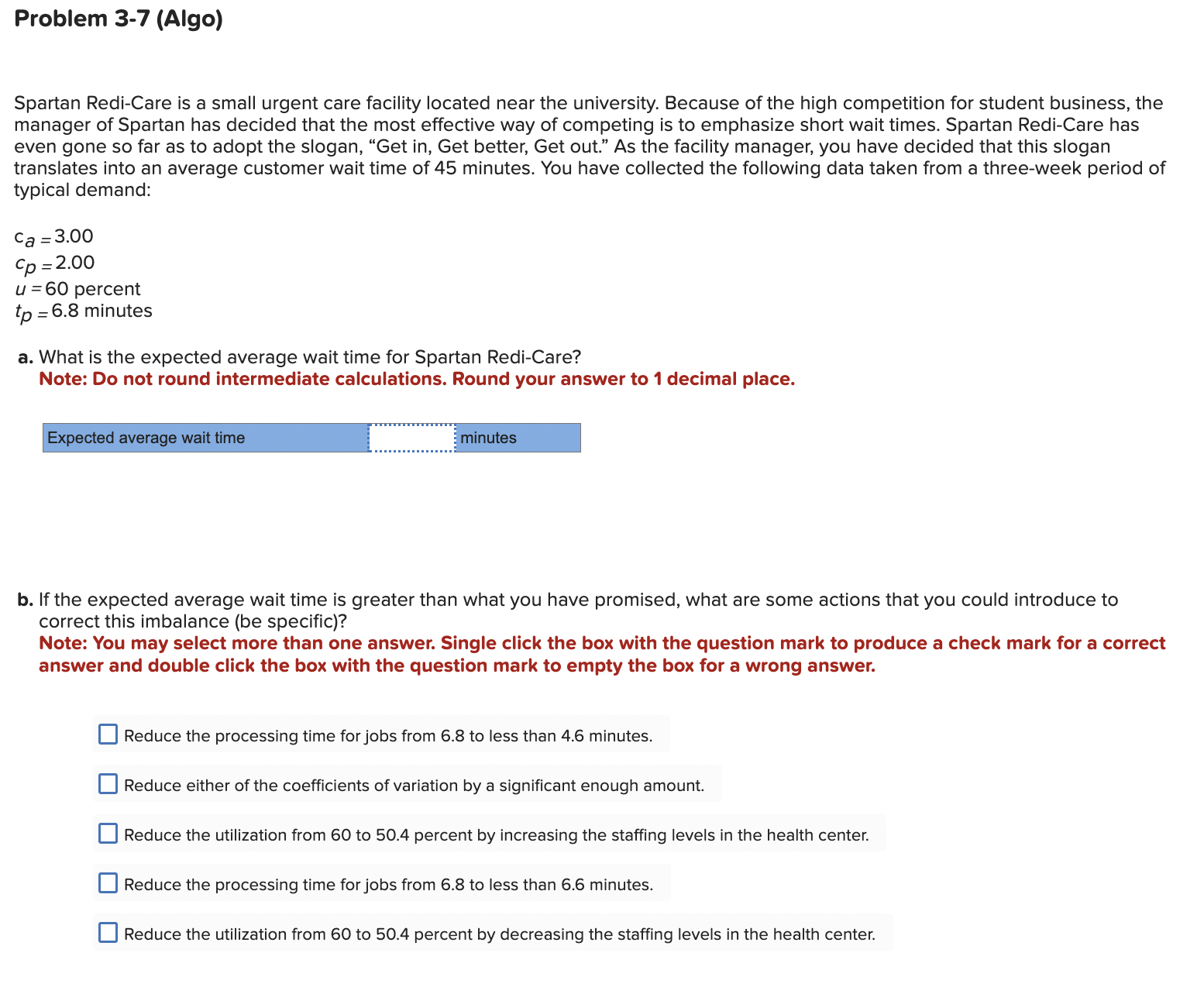  Problem 3-7(Algo) Spartan Redi-Care is a small urgent care facility located
