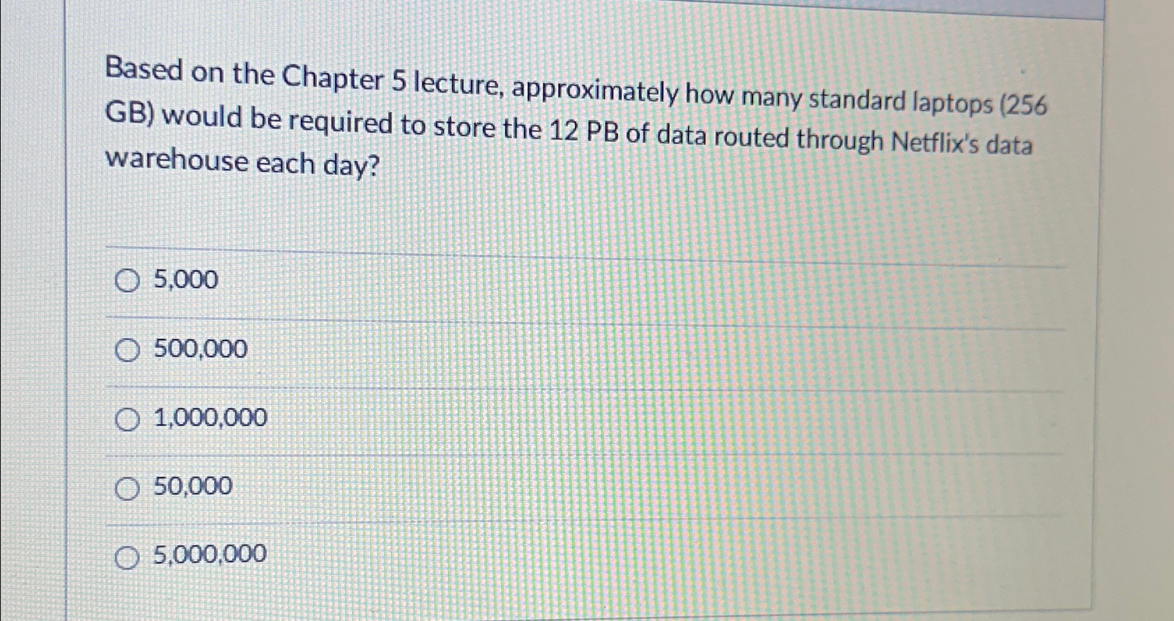  Based on the Chapter 5 lecture, approximately how many standard laptops