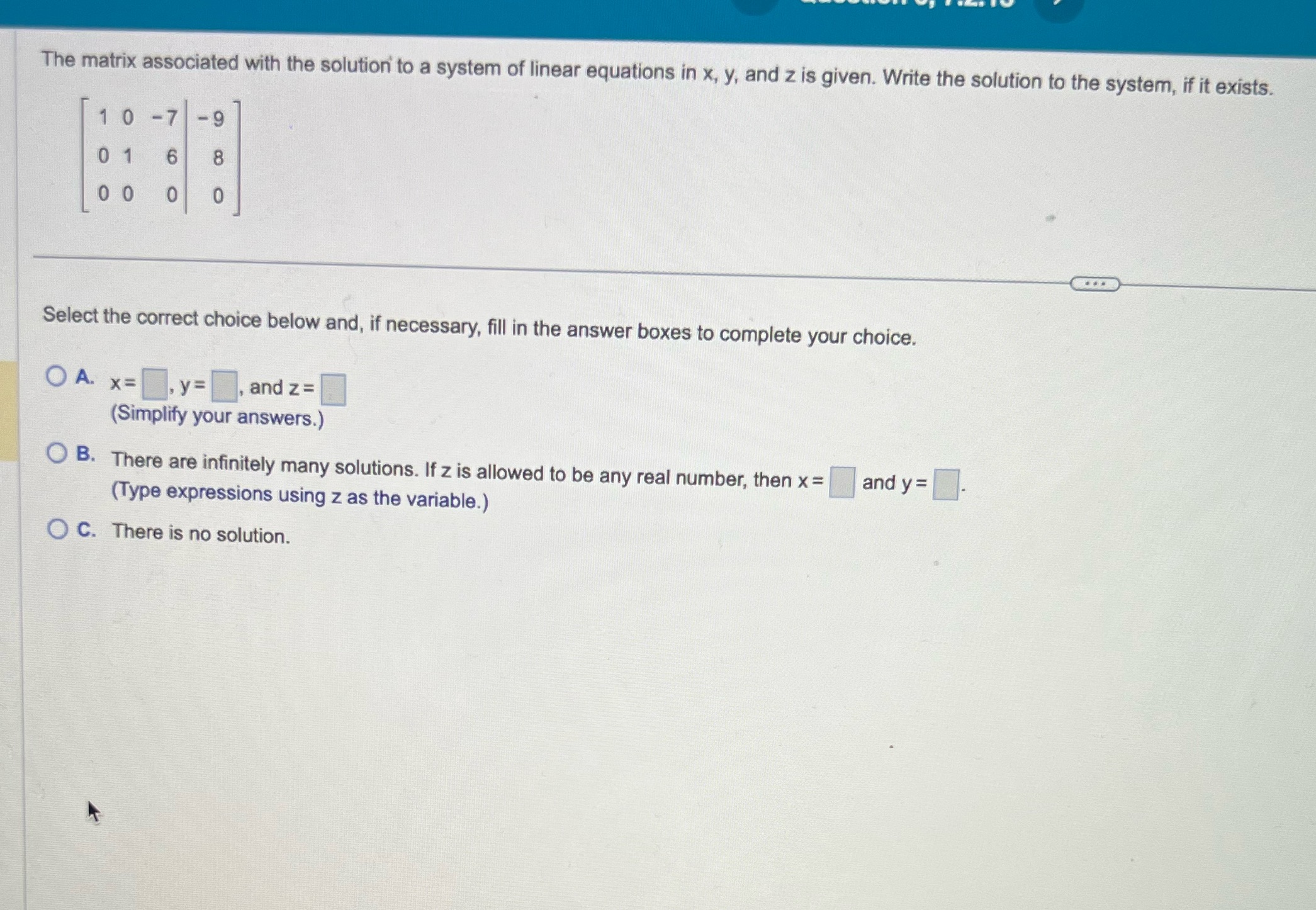 Help The matrix associated with the solution to a system of linear