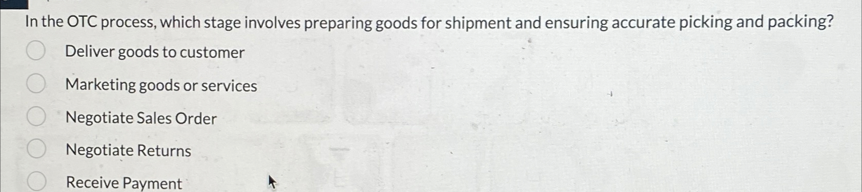  In the OTC process, which stage involves preparing goods for shipment
