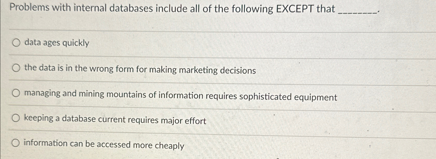  Problems with internal databases include all of the following EXCEPT that